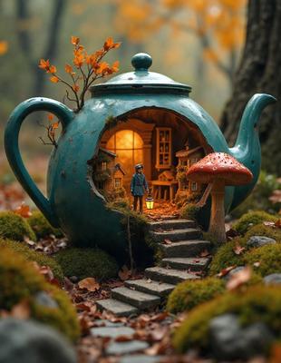 The primary subject of the image is a green teapot with a hole in it, which is placed in a forest setting. The teapot is surrounded by moss and has a small house inside it. The setting includes a mushroom and a lantern, adding to the whimsical and imaginative atmosphere of the scene. The visual style of the image is a combination of photo and digital art, creating a unique and creative representation of the teapot in the forest. The colors and mood of the image are